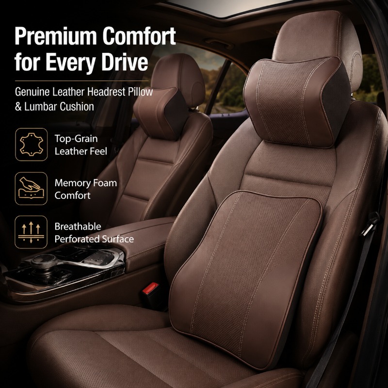 Memory Foam Car Neck Pillow Lumbar Support - หมอนรองคอในรถยนต์เมมโมรี่โฟม พร้อมเบาะรองหลังและพนักพิงหนังแท้สำหรับรถยนต์ รถ SUV และรถบรรทุก