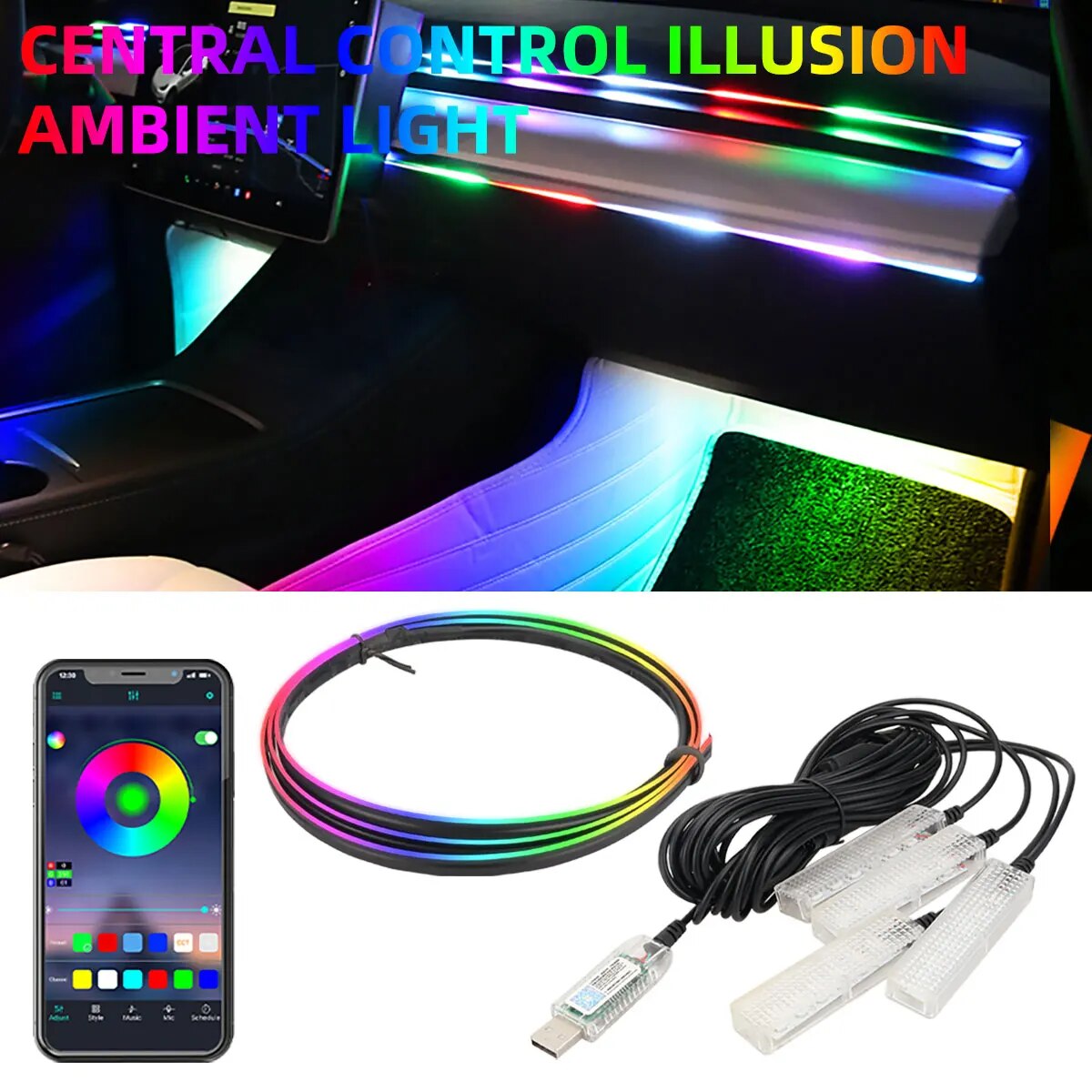 Led Ambient Interior Car Lights App Control - 4ใน1รถซิมโฟนีแอลอีดีพร้อม USB ไร้สายรีโมทภายในรถไฟเท้าควบคุมเพลงซิมโฟนี RGB 5V