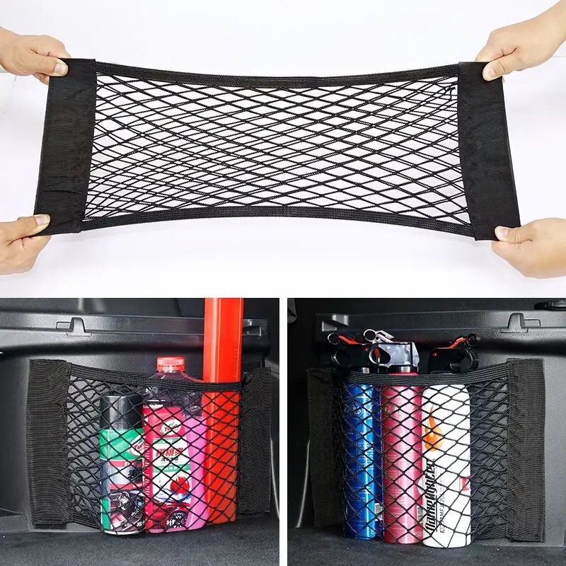 Car Trunk Organizer Foldable Storage Box - รถด้านหลังที่นั่งด้านหลัง Elastic String สุทธิสติกเกอร์เมจิกตาข่ายกระเป๋ากระเป๋ากรง Auto Organizer