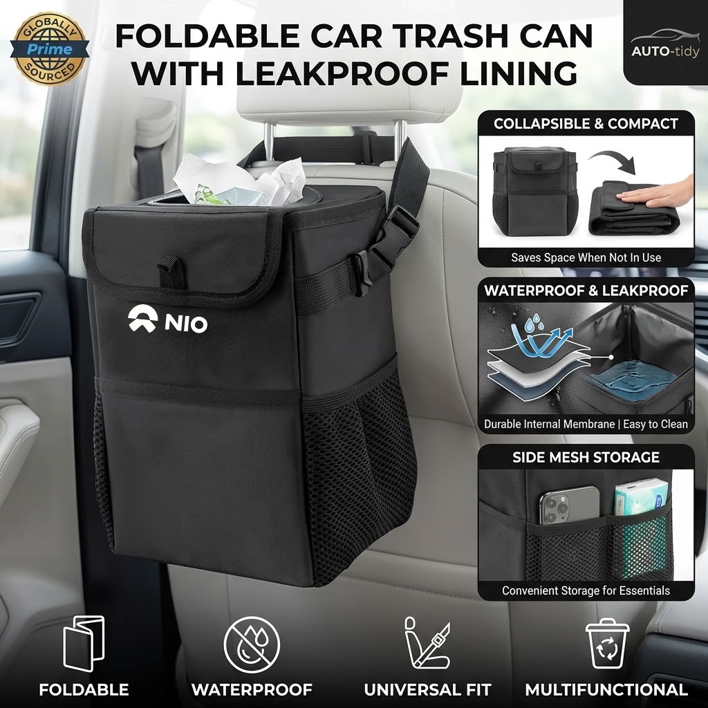 Waterproof Car Trash Can With Lid - ถังขยะในรถยนต์แบบพับได้ พกพาสะดวก ฝาปิดกันน้ำและกันรั่วซึม ความจุขนาดใหญ่ สำหรับ NIO