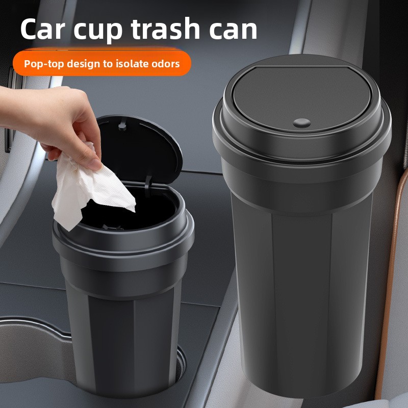 Waterproof Car Trash Can With Lid - ถังขยะในรถยนต์ ที่วางแก้วน้ำกันน้ำ รูปทรงมินิ กล่องเก็บของอเนกประสงค์ ฝาปิดแบบกด ที่จัดระเบียบคอนโซล