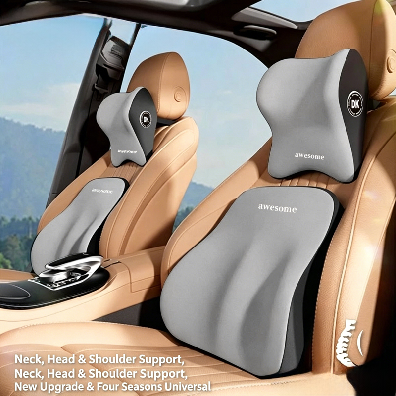 Memory Foam Car Neck Pillow Lumbar Support - ชุดหมอนรองคอและพนักพิงหลังในรถยนต์ พรีเมียมเมมโมรี่โฟม สำหรับเบาะคนขับ พร้อมเบาะรองหลังเพื่อสุขภาพ ช่วยบรรเทาอาการปวดหลัง