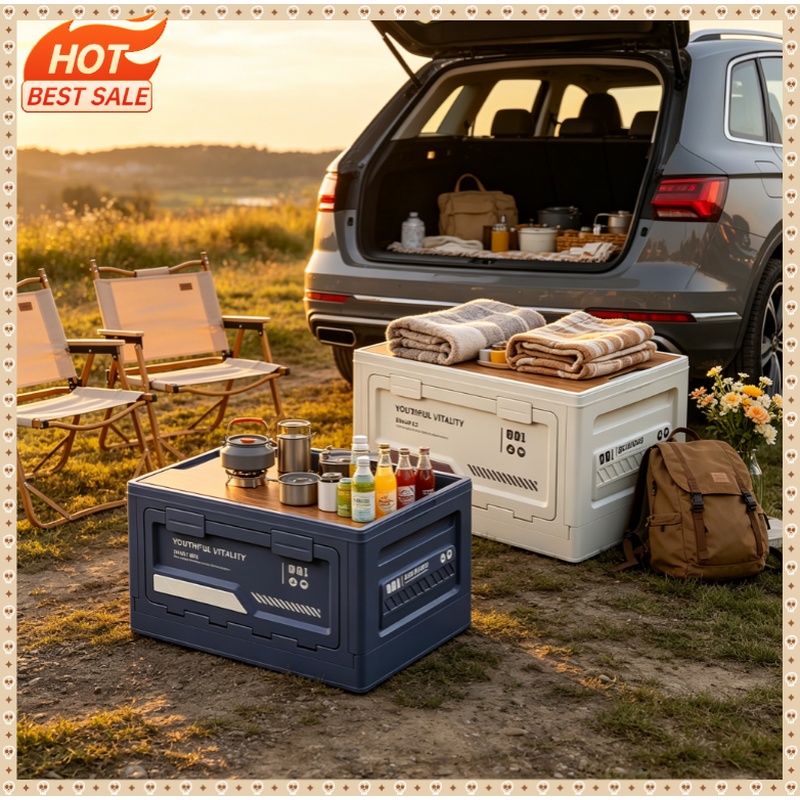 Car Trunk Organizer Foldable Storage Box - กล่องเก็บของกลางแจ้ง กล่องพับได้สำหรับตั้งแคมป์ อุปกรณ์จัดระเบียบสำหรับตั้งแคมป์ กล่องเก็บของท้ายรถ ฝาไม้ กล่องเก็บของอุตสาหกรรม