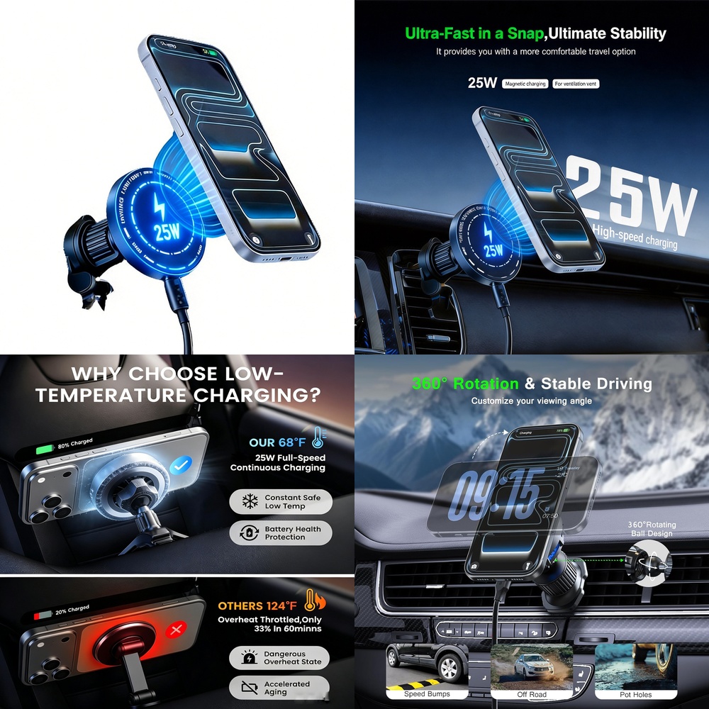 Magnetic Phone Holder For Car Vent - ที่ชาร์จไร้สายแม่เหล็กแรงสูง 25W สำหรับ iPhone 17 16